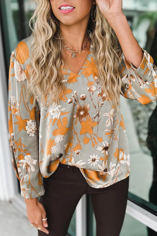 Green Floral Print Long Sleeve V Neck Blouse