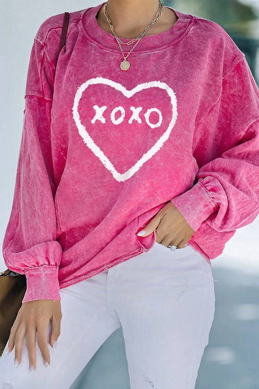 Rose XOXO Heart Shaped Glitter Print Patchwork Pullover Sweatshirt