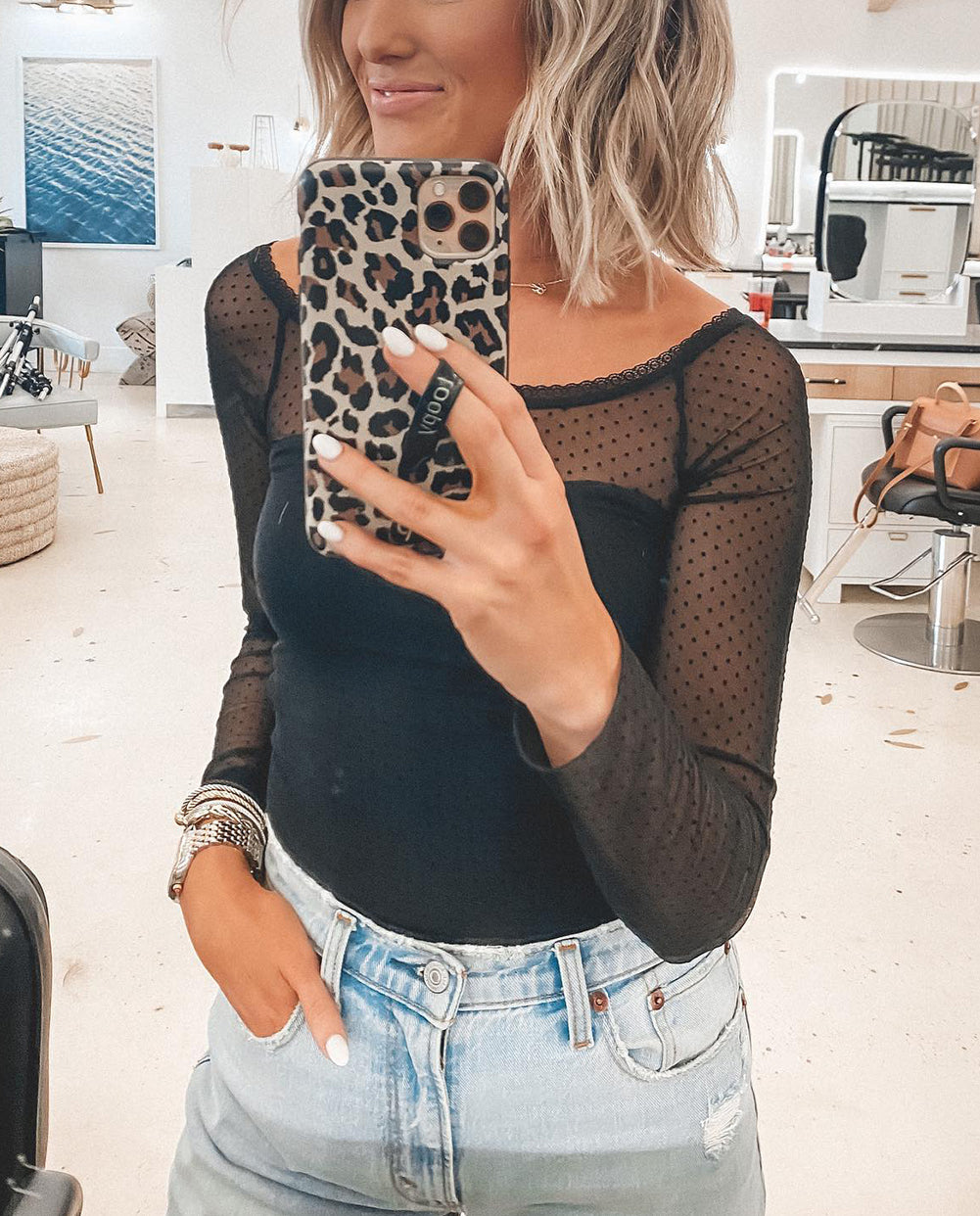 Black Dotty Mesh Overlay Long Sleeve Bodysuit