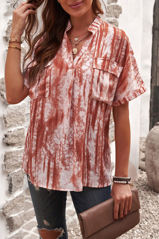 Orange Printed Pocket Short Sleeve Blouse
