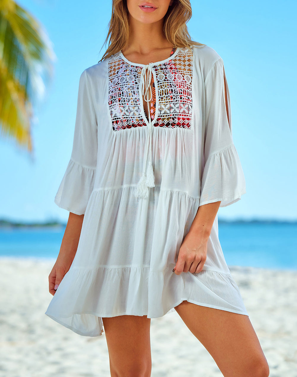 White Crochet Lace Panel Tie V Neck Beach Cover-up