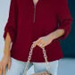 Casual V Neck Zip up Half Sleeve Blouse