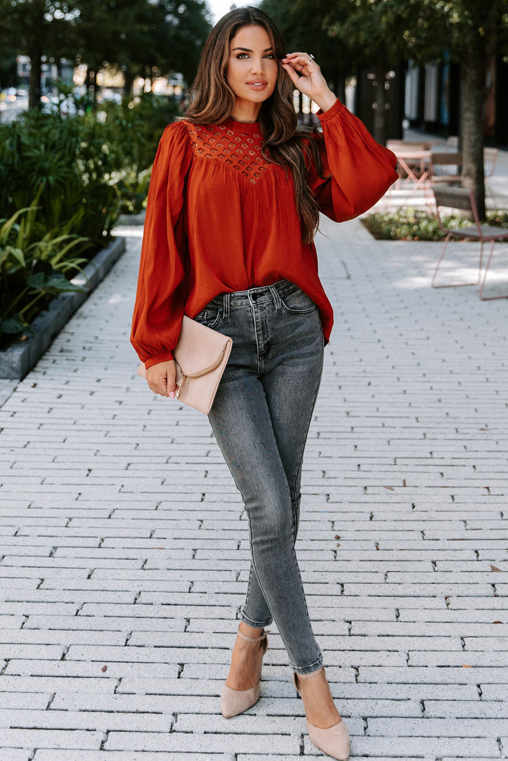 Crochet Lace Textured Balloon Sleeve Blouse