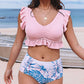 Pink Ribbed Ruched Ruffle Top Printed Bikini Set