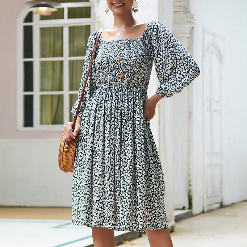 Spring and summer floral long-sleeved dresses