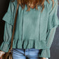 Swiss Dot Lace up V Neck Ruffled Blouse