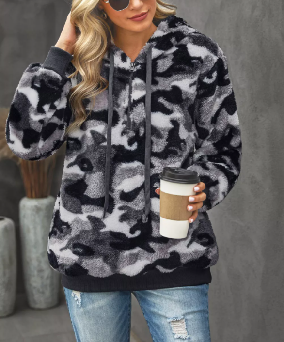 Camo Print Warm Furry Pullover Hoodie
