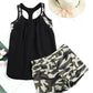 Black Contrast Splice Racerback Tankini Printed 2pcs Set
