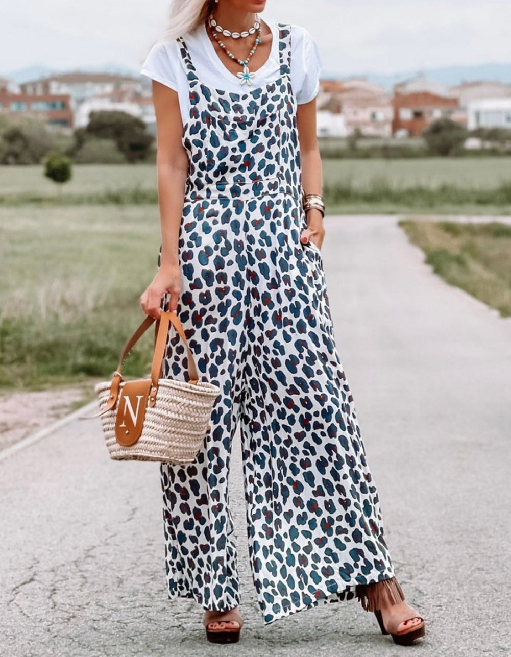White Wide Leg Leopard Print Jumpsuit Overalls