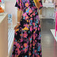 Black Abstract Floral Pattern Flutter Sleeve Tiered Maxi Dress