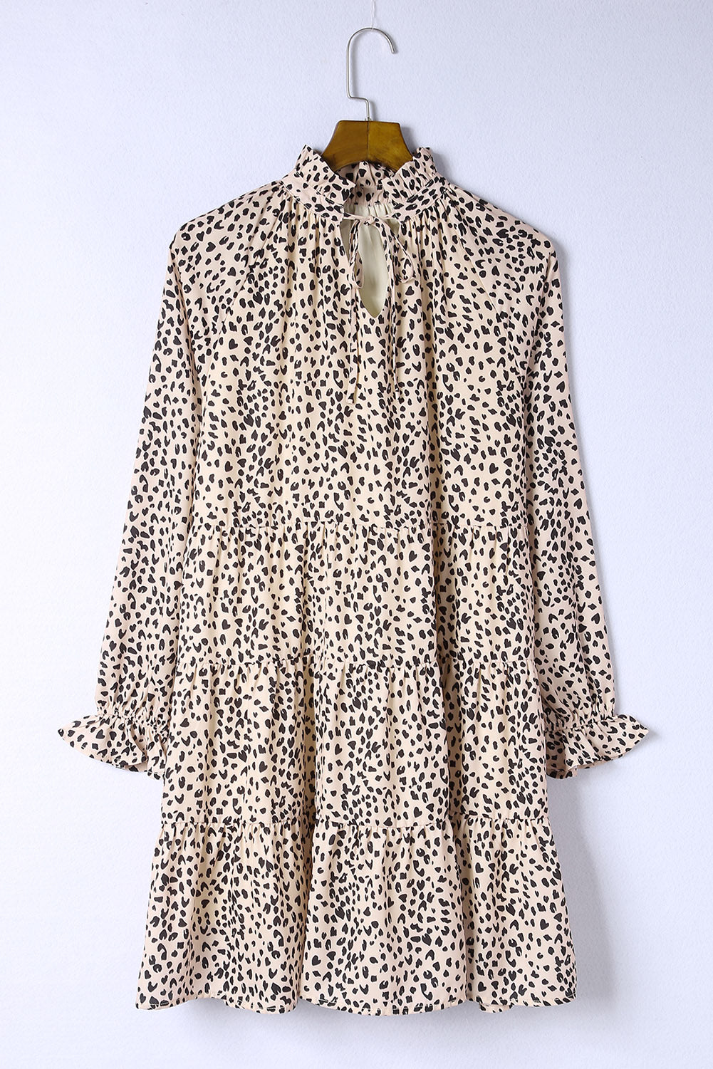 Khaki Leopard Print Ruffled V Neck Long Sleeve Mini Dress