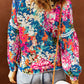 Multicolor Floral Print Belt Bubble Sleeve Top