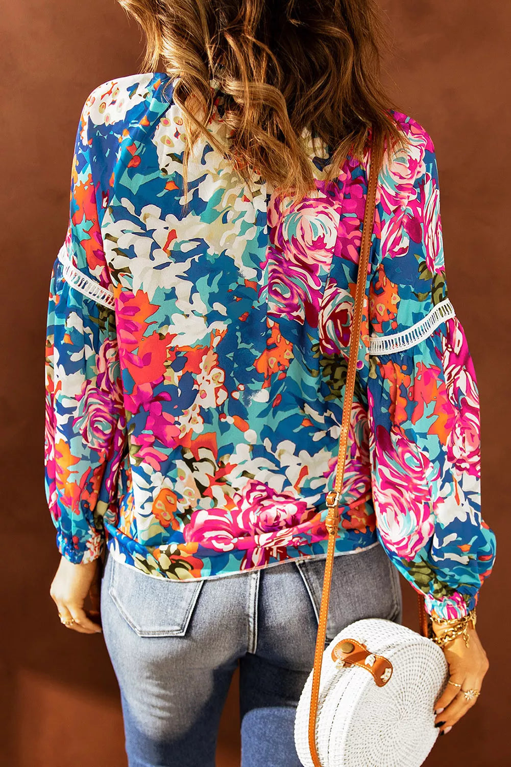 Multicolor Floral Print Belt Bubble Sleeve Top