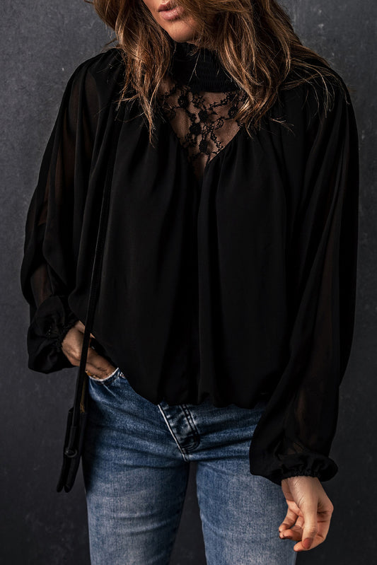 Black Lace Contrast Sheer Frilled Neck Blouse