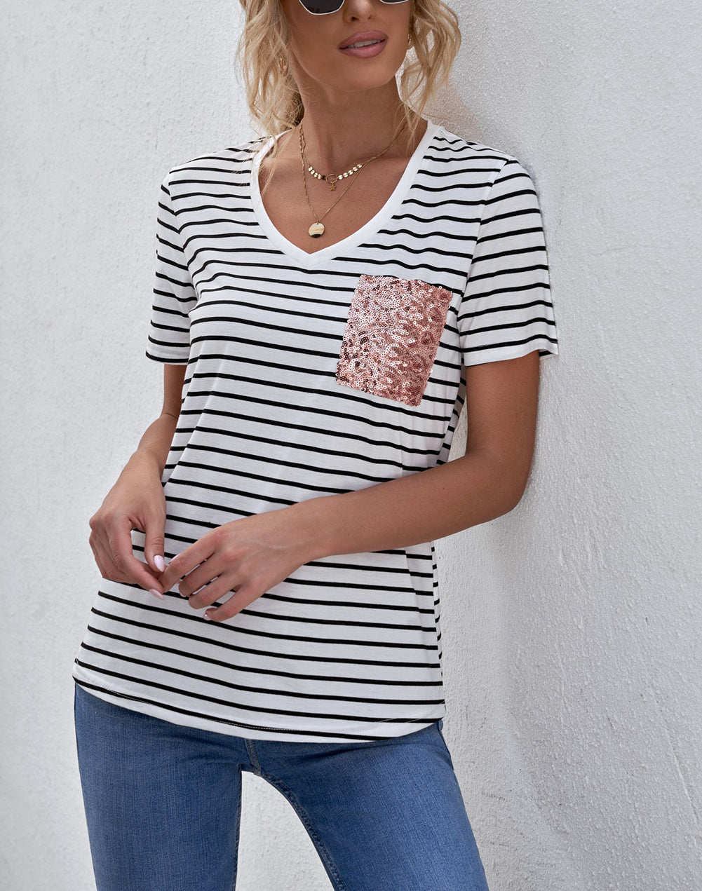 V Neck Striped T-shirt with Patch Pocket