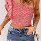 Pink Floral Print Shirred Ruffled One Shoulder Crop Top