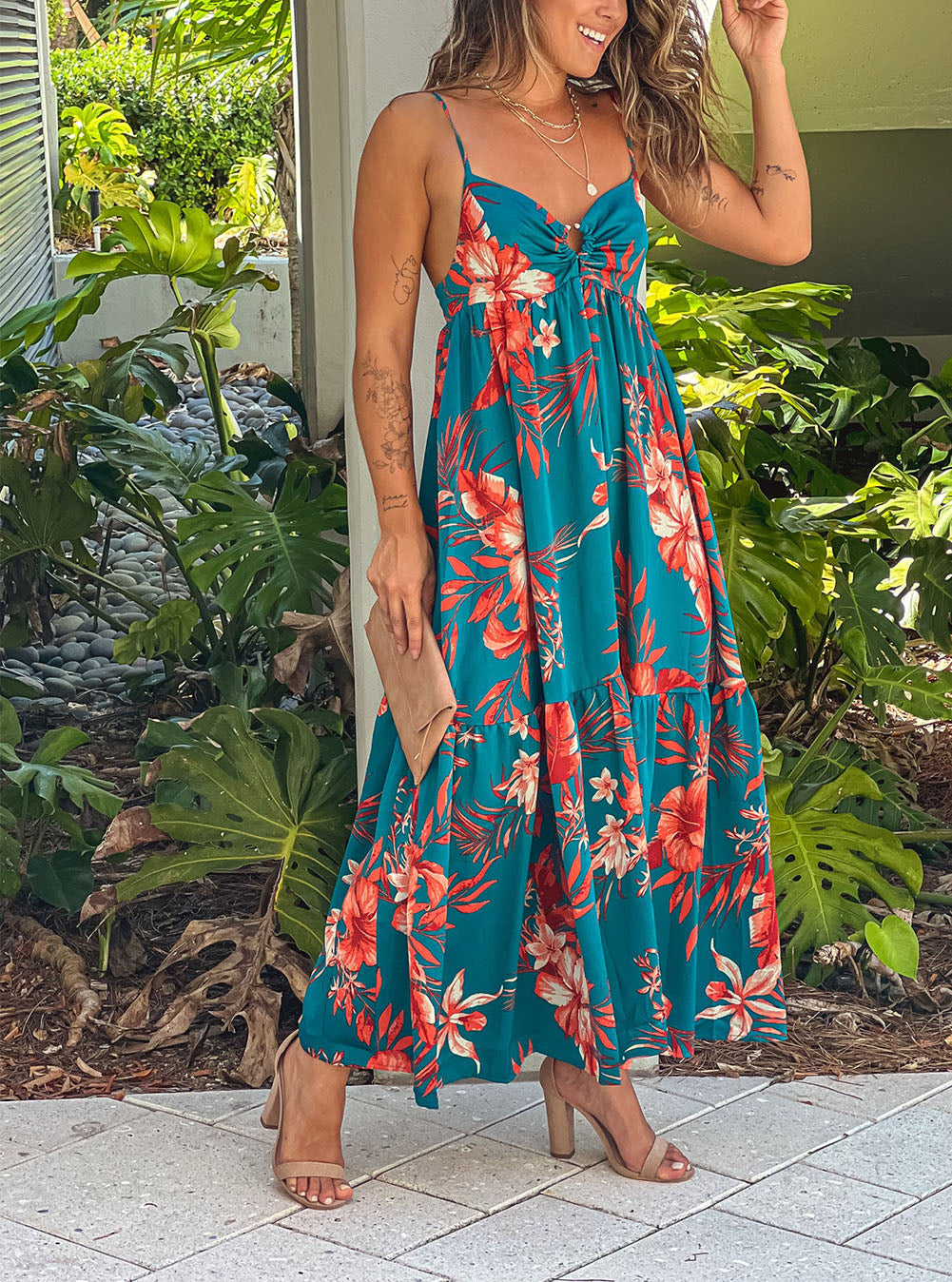 Sky Blue Strappy Open Back Floral Maxi Dress