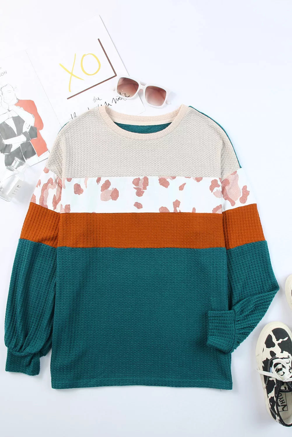 Green Leopard Color Block Waffle Knit Top