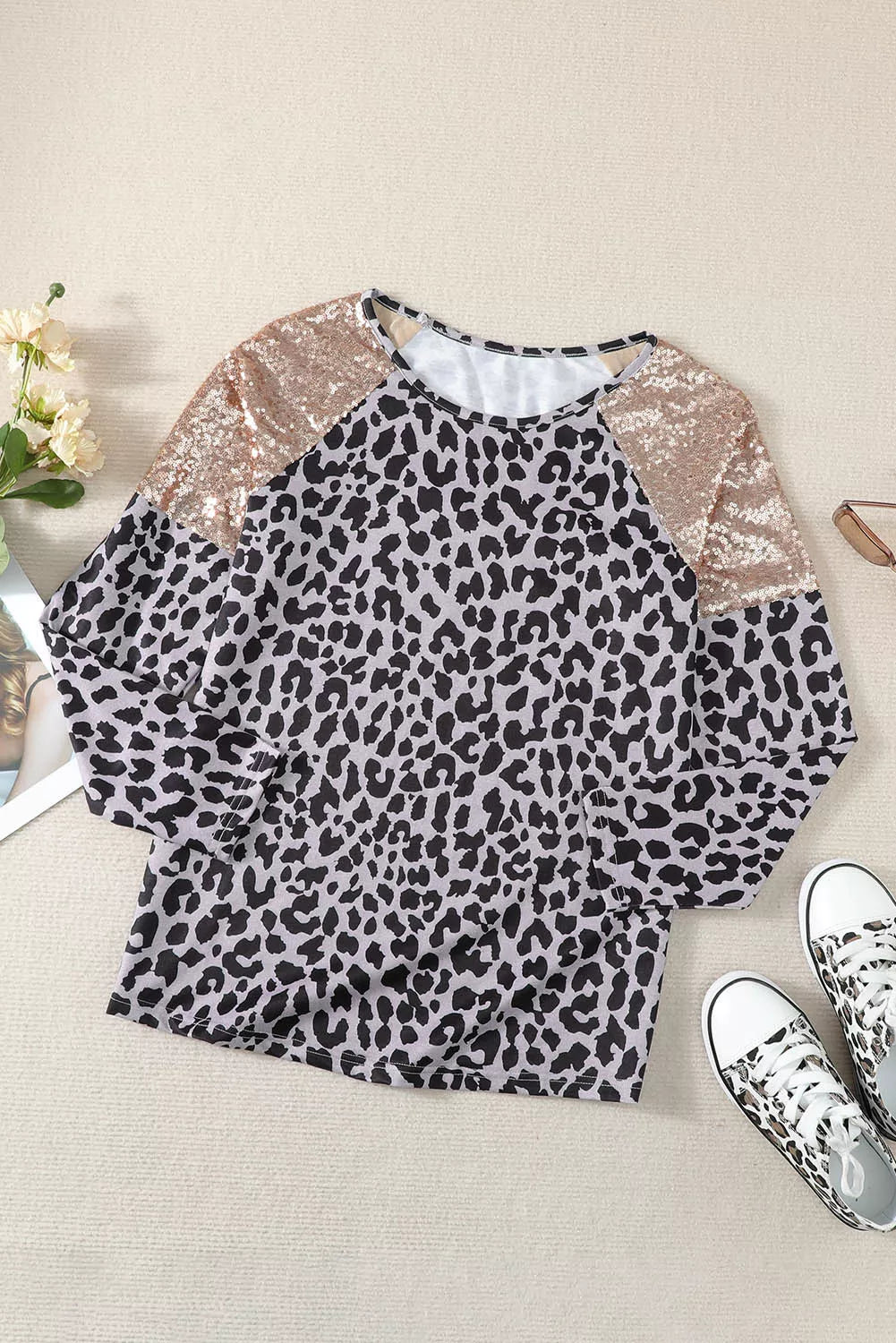 Sequin Shoulder Splicing Long Sleeve Top