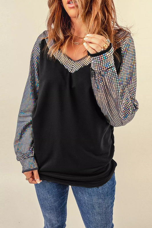 Color Block V Neck Puff Long Sleeve Blouse