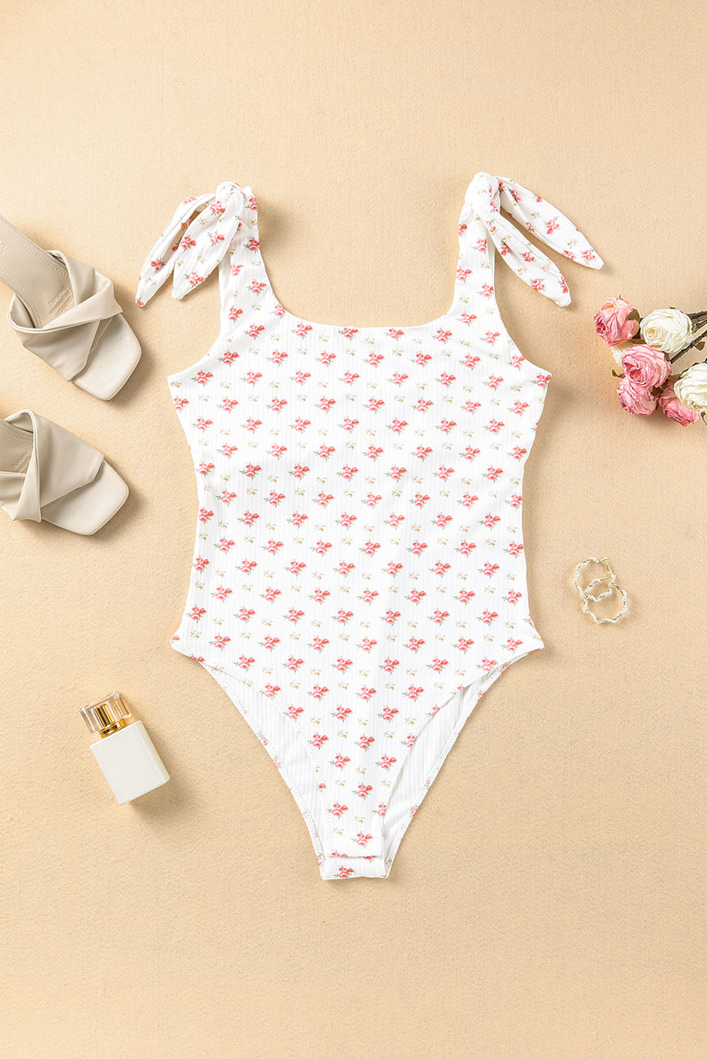 Floral Print Lace-up Straps Ribbed Square Neck Tank Top