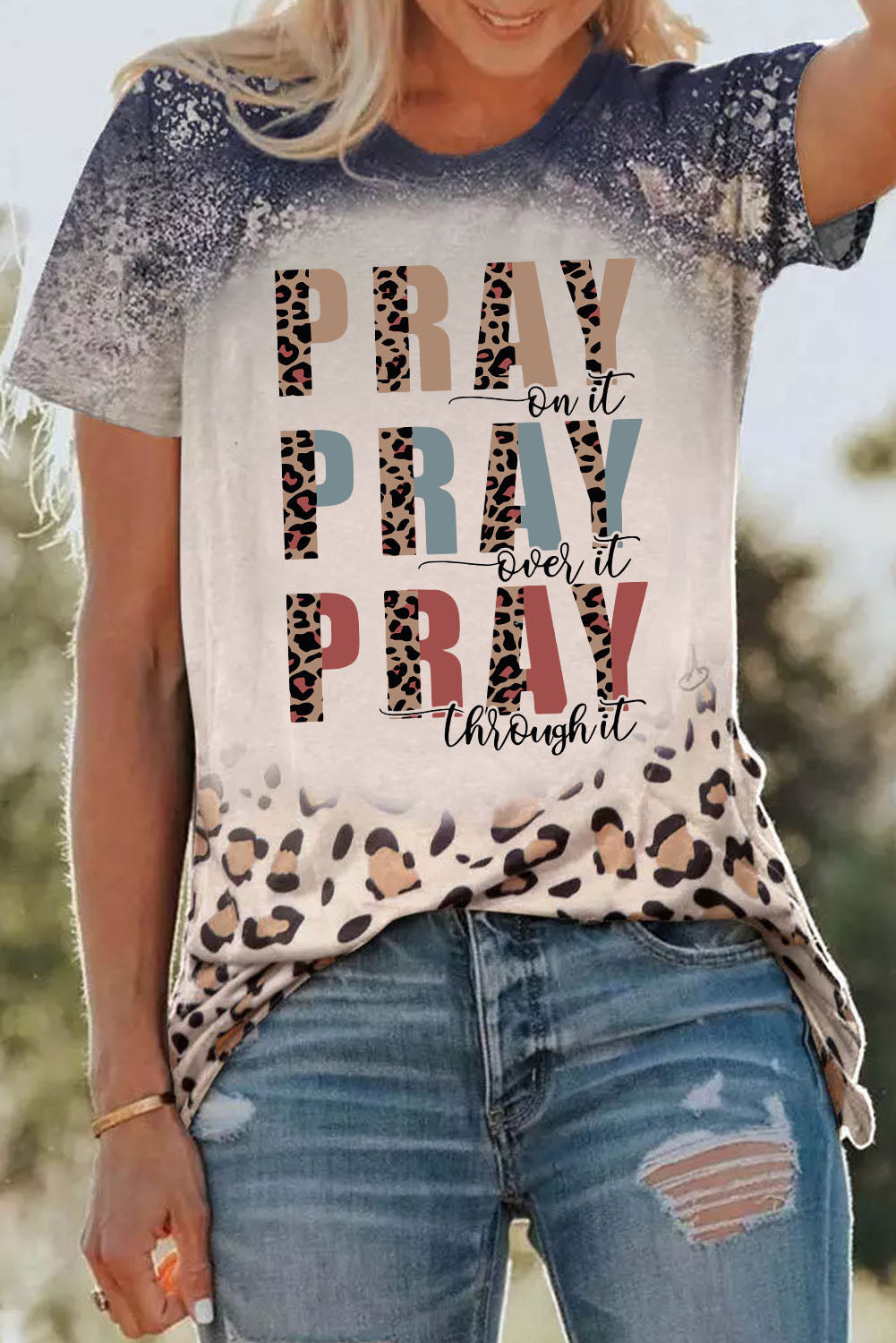 Blue PRAY Western Leopard Slogan Print Bleached T Shirt