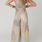 Irregular Patchwork Print Smocked Wide Leg Jumpsuit