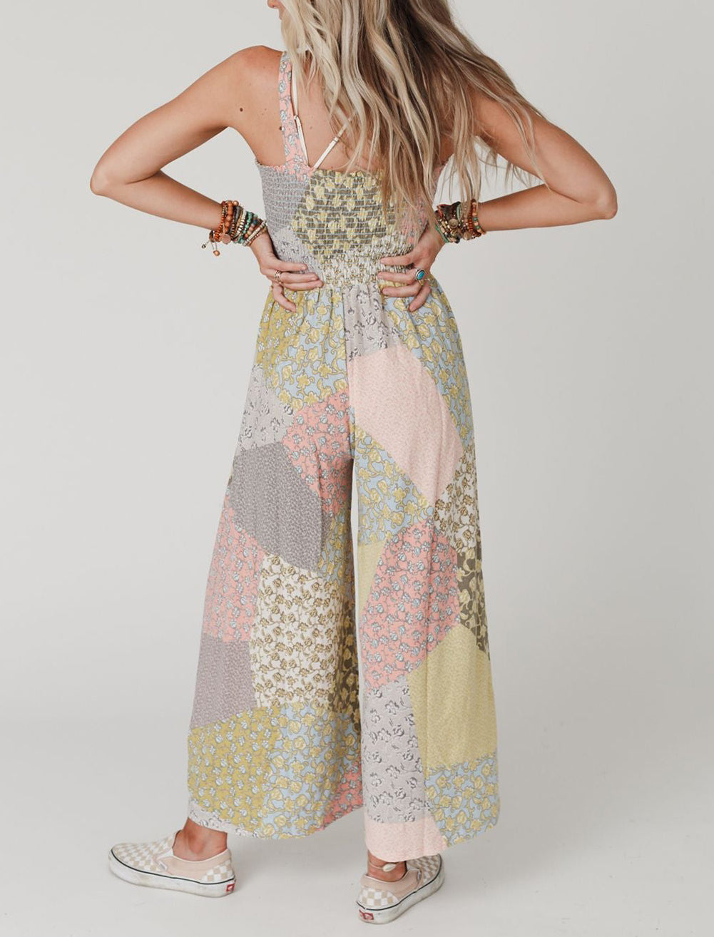 Irregular Patchwork Print Smocked Wide Leg Jumpsuit