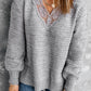 Gray Lace Scalloped V-Neck Side Split Loose Sweater