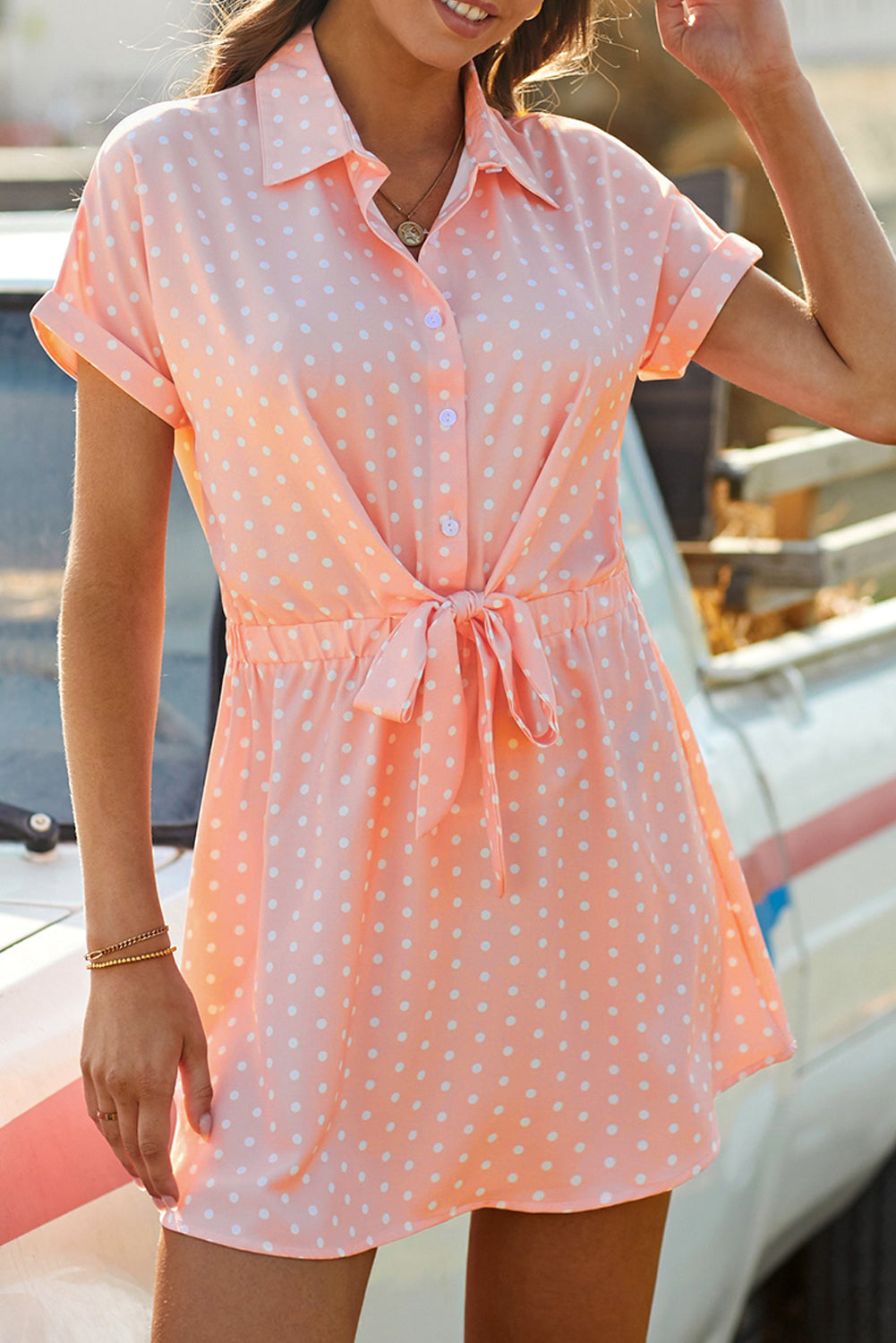 Dot Shirt Collar Short Sleeve Mini Dress