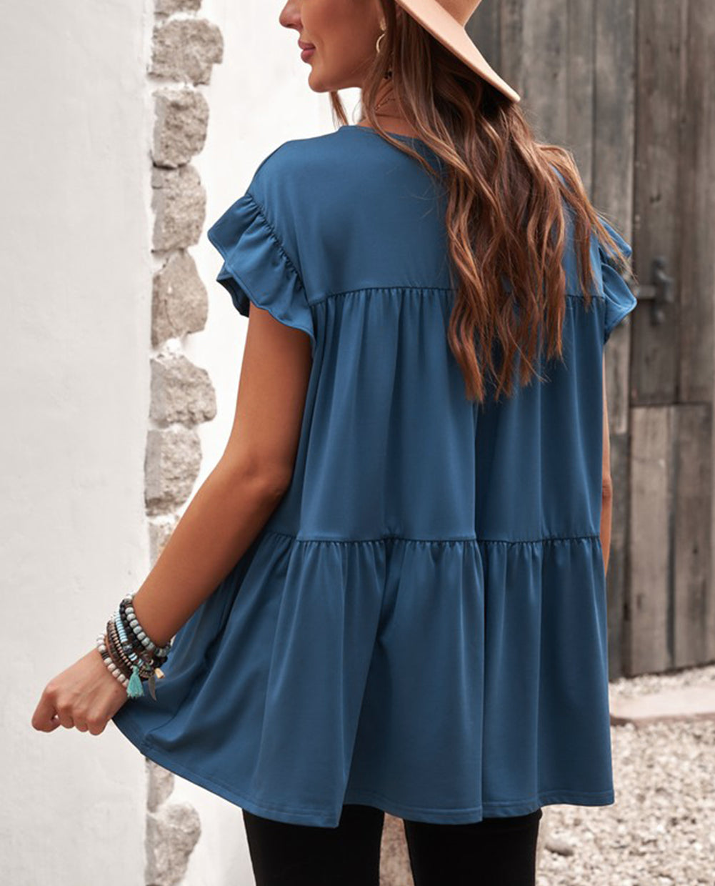Short Sleeve Keyhole Ruffled Babydoll Top