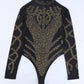 Rhinestone Faux Bustier Mesh Long Sleeves Bodysuit