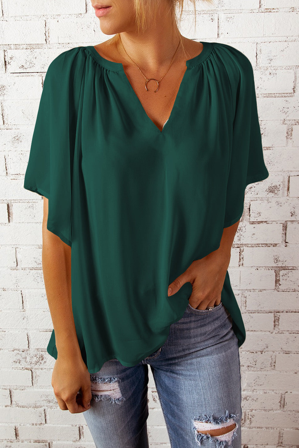 Split Neck Pleated Loose Top