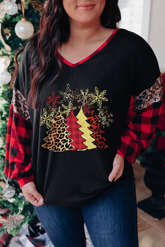 Black Christmas Tree Plaid Leopard Sequin Plus Size Top
