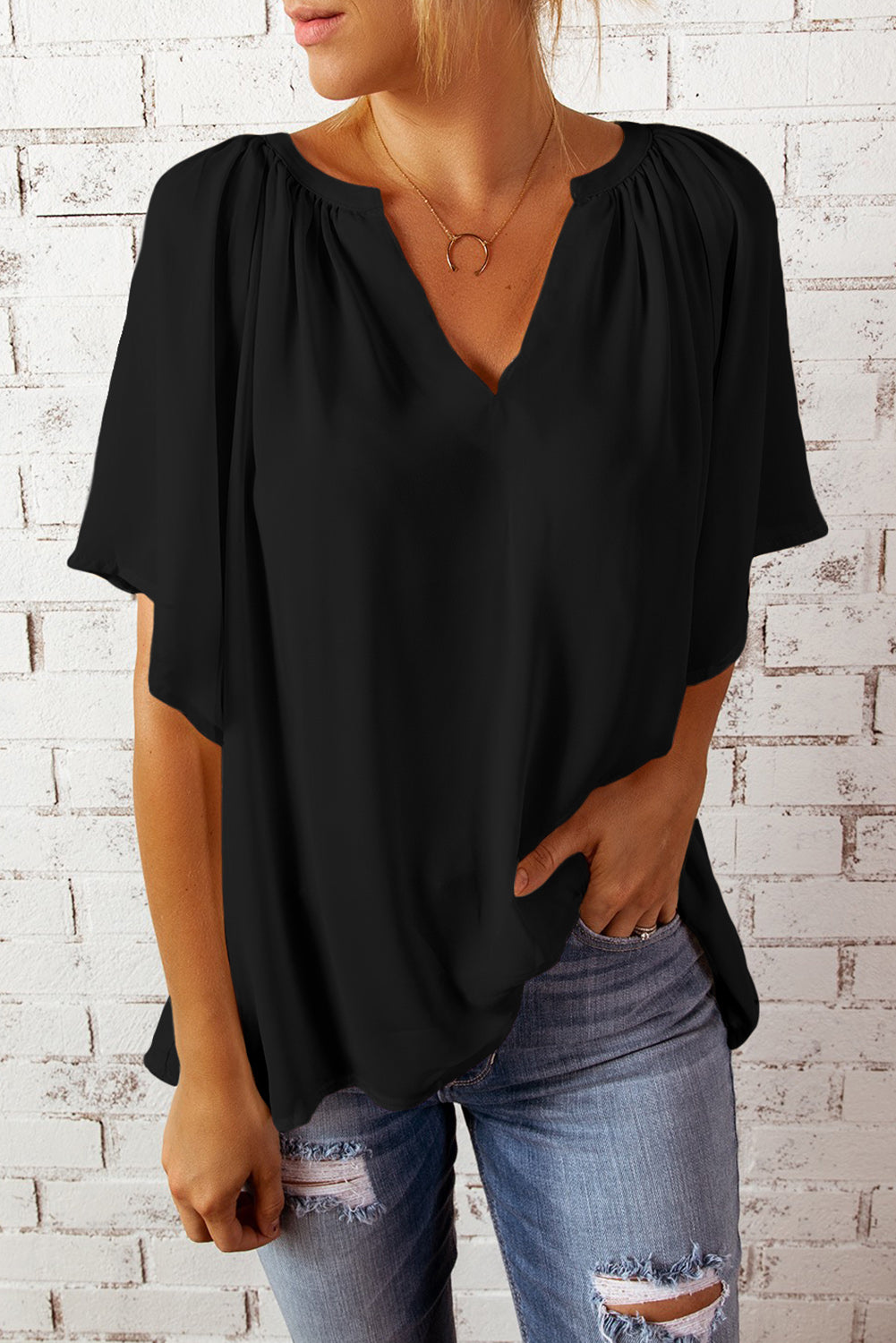 Split Neck Pleated Loose Top