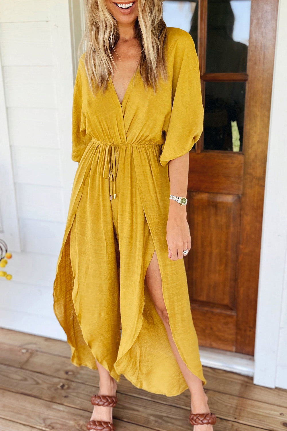 Yellow Surplice V Neck Half Sleeves Slit Leg Jumpsuit