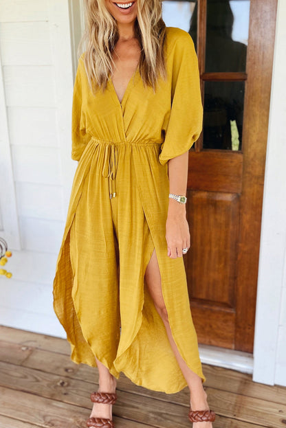 Yellow Surplice V Neck Half Sleeves Slit Leg Jumpsuit