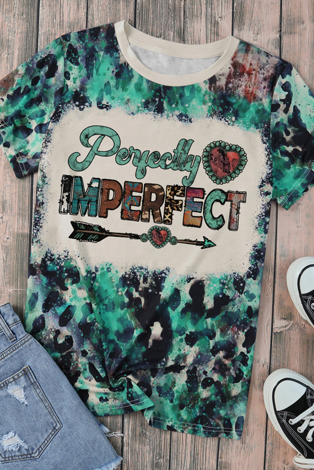 Leopard IMPERFECT Letter Tie Dye Graphic Print Crewneck T Shirt