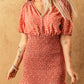 Red V Neck Printed Smocked Mini Dress