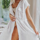 White Flap Chest Pockets Open Front Beach Cover-up with Belt