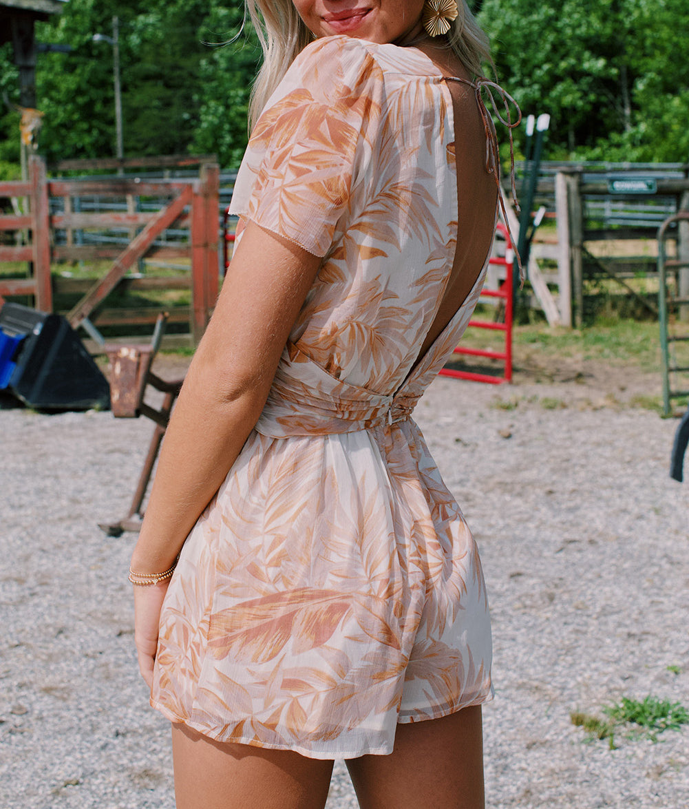 Khaki Tropical Leaf Print Button Belted Chiffon Romper