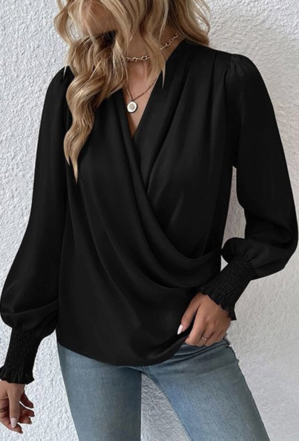 Drape V Neck Smocked Long Sleeve Blouse
