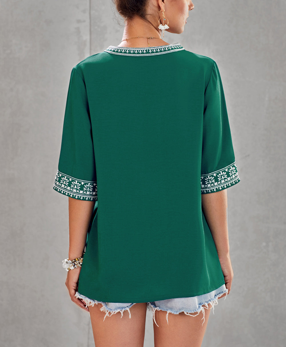 Chic Boho V Neckline Half Sleeve Blouse