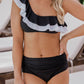 Black Color Block Flounce Ruched One Shoulder Bikini