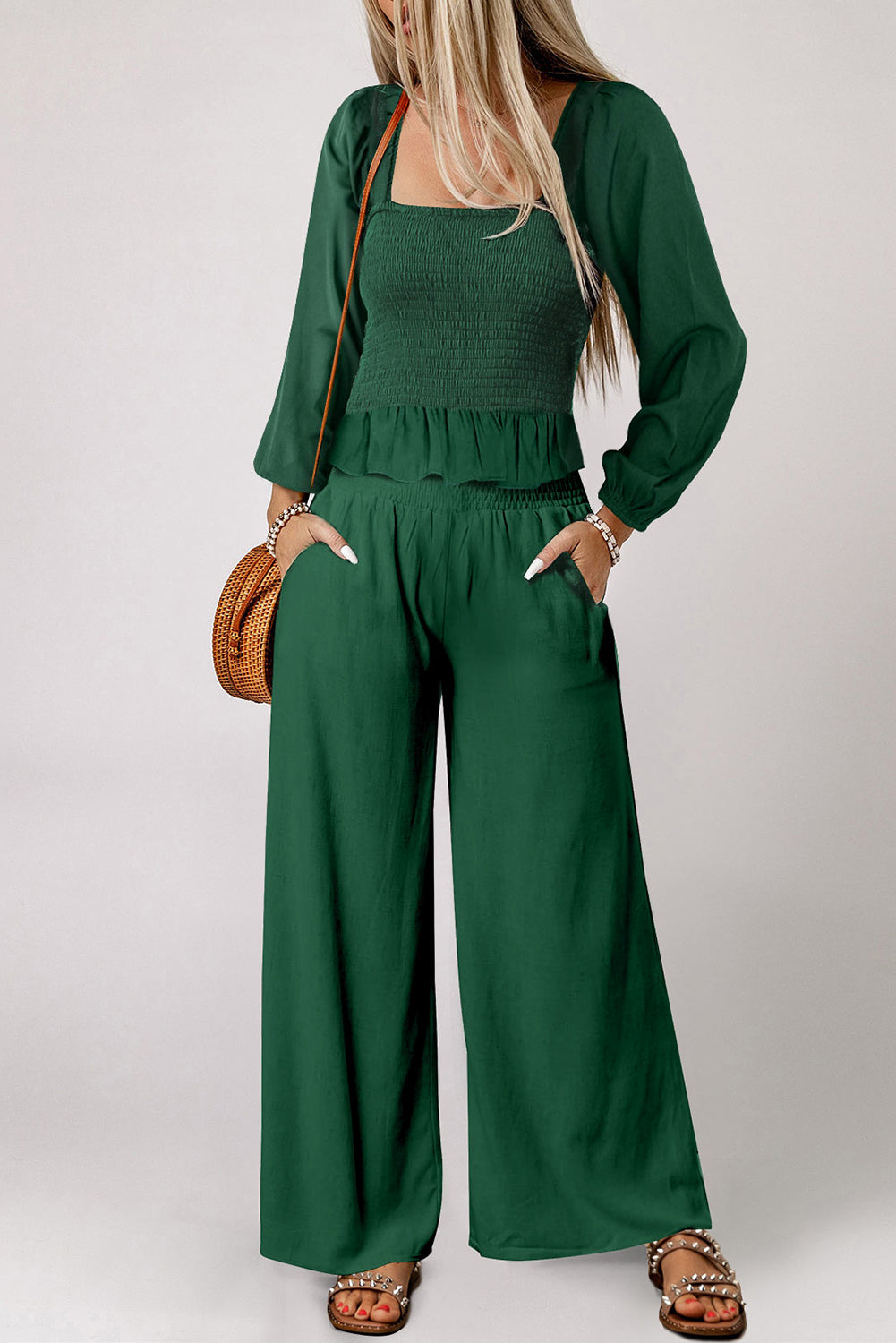 Square Neck Smocked Peplum Top and Pants Set
