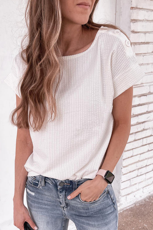 White Ribbed Texture Buttoned Shoulder Top