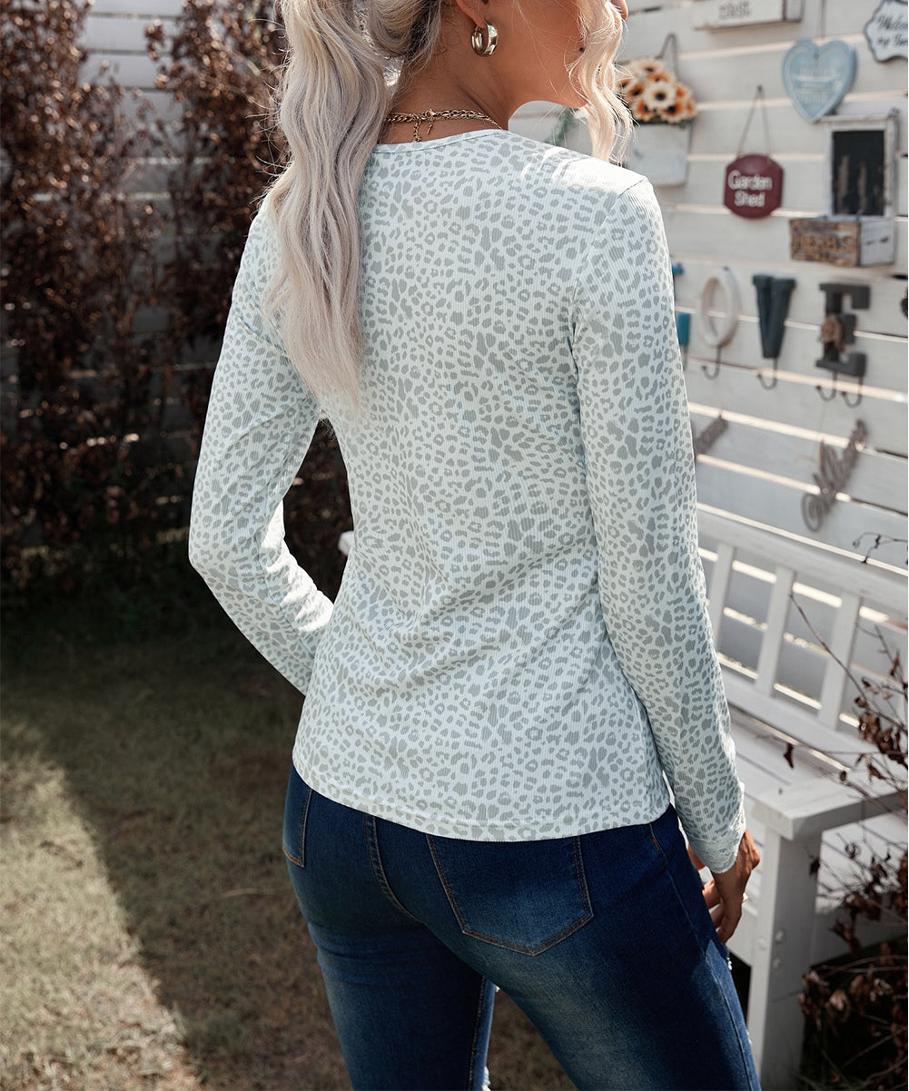 Leopard Print Lace Button Slim-fit Blouse