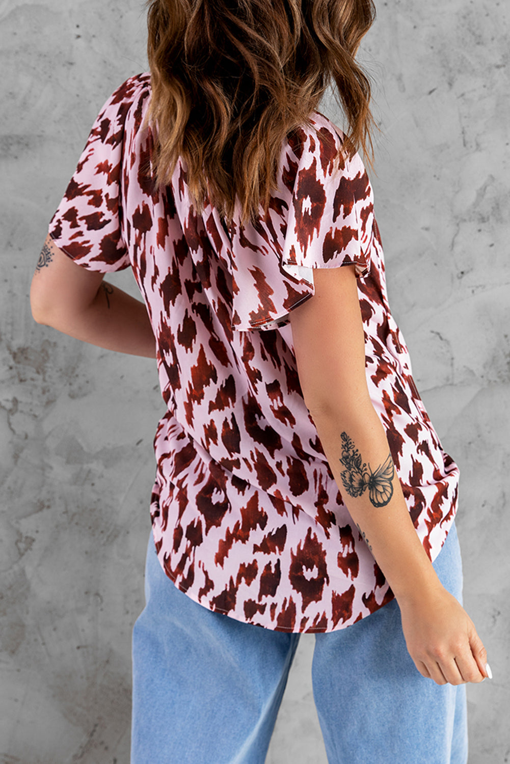 Leopard Print Flounce Drawstring Short Sleeve T-shirt