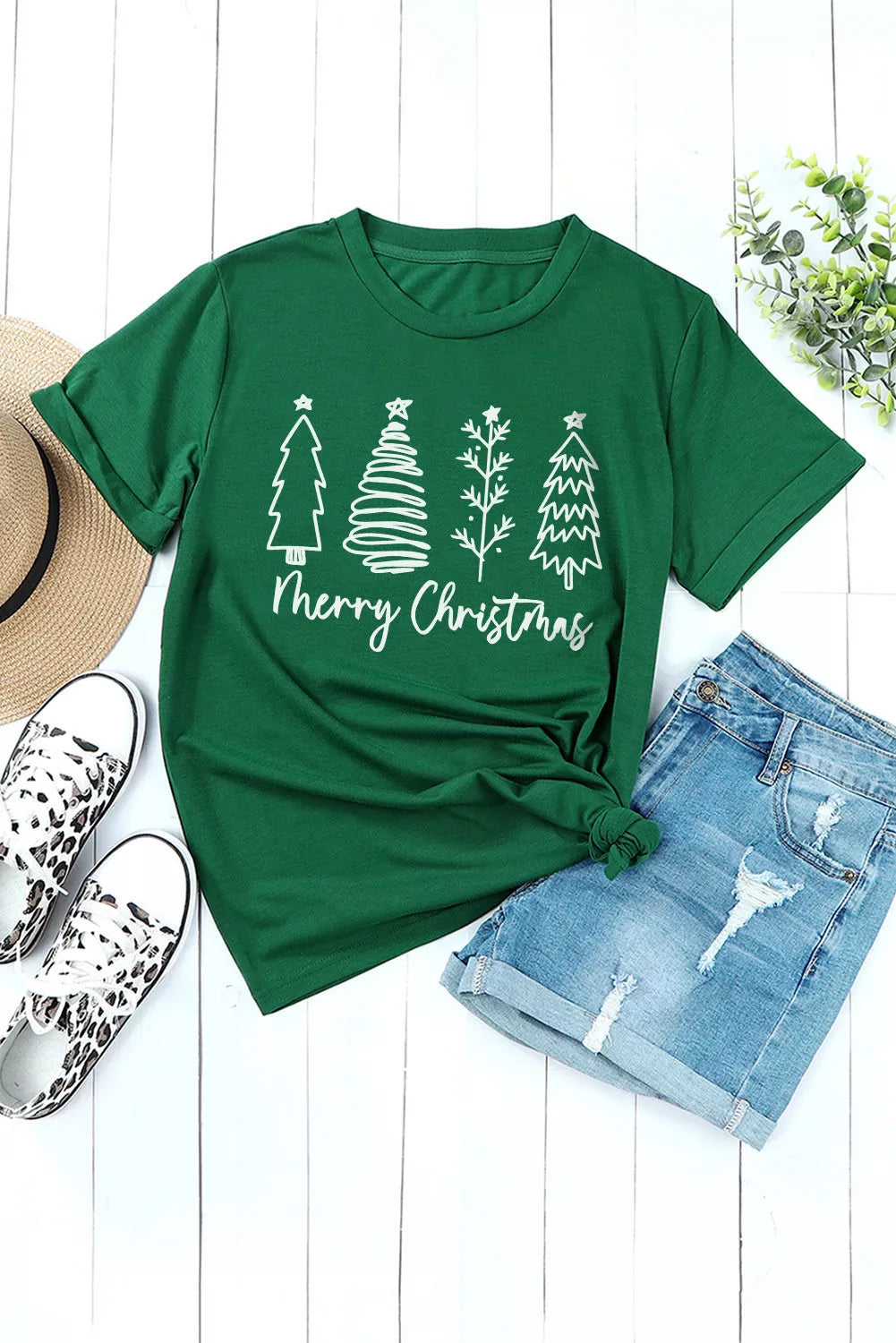 Green Merry Christmas Tree Graphic Print Tee