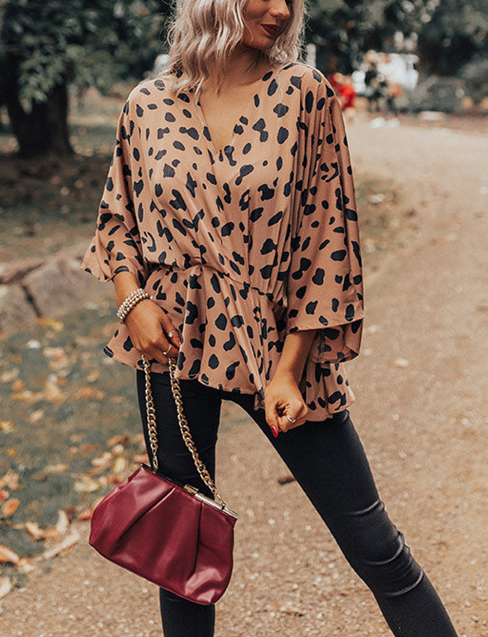 V Neck Leopard Print Peplum Blouse